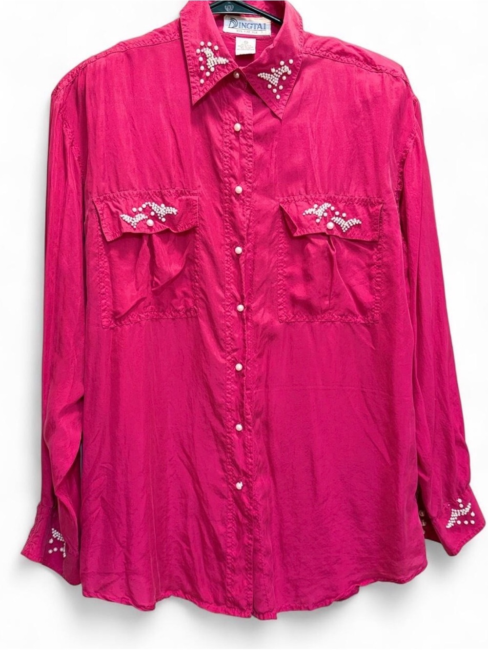 Western Barbiecore Dingtai 100% Silk Pearl Embellished Button Down Blouse Size S